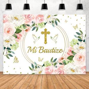 lot 5763 image: Aperturee Mi Bautizo Baptism Backdrop 7x5ft God Bless First Holy Communion Christening Watercolor Pink Floral Glitter Gold Dots Butterfly Photography Background Party Decoration Photo Booth Props