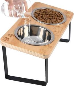 lot 4560 image: Elevated Cat Bowls 15  Tilted Raised Puppy Pet Food and Water Stainless Steel Bowl Pets Wood Stand Feeder with Pawprint Pattern, for Indoor Cats, Small Dog