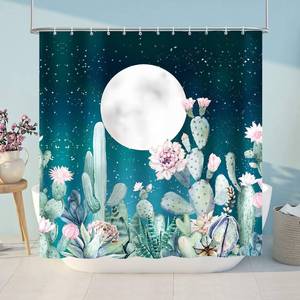 lot 4610 image: Lokigo Dark Green Shower Curtain, Green Teal Cactus Shower Curtain, Plant Moon Star Waterproof Fabric Shower Curtains for Bathroom, Green Bathroom Curtain Decor 72x72