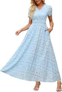 lot 4655 image: Womens Lace Floral Maxi Dress V Neck Short Sleeve Hollow Out Eyelet A Line Flowy Boho Summer Beach Wedding Guest Dresses SIZE M