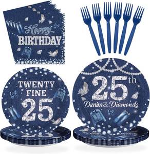lot 4660 image: 96Pcs 25th Birthday Party Decorations Denim and Diamonds Theme 25 Years Old Plates and Napkins Disposable Tableware Set for 25th Birthday Men Women Adult Cowboy Bachelor Party Supplies, Serves 24
