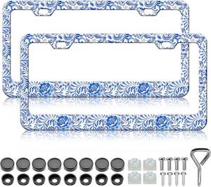 lot 4665 image: Flower License Plate Frame - 2PCS Blue Flower Floral Aluminum Metal License Plate Holder Covers, Rust-Proof Waterproof Car Decorative Tag Frames for Standard Us 12x6 Inch