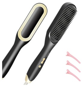 lot 4692 image: Hair Straightener Brush-Ionic Hair Brush Straightener for Women with 5 Temp Settings,Fast Heating & Dual Voltage Hair Straightening Comb,Anti-Scald & Auto-Shut Off (Black)