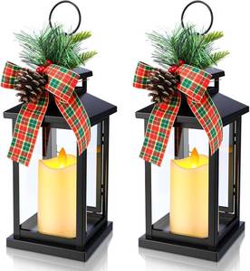 lot 4708 image: 2 Pcs 14 Inch Christmas Lanterns Decorative Outdoor for Porch with LED Candle Pine Cones Holly Berry Metal Hanging Vintage Lantern with Plaid Ribbon Bow for Indoor Home Table Deco(Berry)