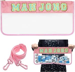 lot 4719 image: Mahjong Bag -Clear Waterproof Mahjong Tiles Bag with Shoulder Strap Zippered & Letters, Case Only (Pink)