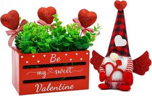 lot 4761 image: nuvagiki Valentines Day Table Decor, Glitter Heart Valentines Day Tiered Tray Wooden Crate with Gnome Plush, Valentine Day Farmhouse Kitchen Table Centerpiece Decor for Home Indoor