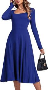lot 4826 image: LYANER Womens Square Neck Long Sleeve Empire Waist A Line Flare Solid Midi Dress, Color Green, Size Medium
