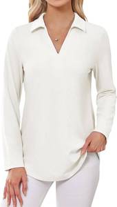 lot 4841 image: Womens Polo Shirts Collared V Neck Work Tops Long Sleeve Business Casual Dressy Blouses Textured Ribbed Tunic size large