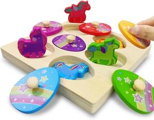 lot 5859 image: Pinkiwine Unicorn Wooden Peg Puzzles Montessori Educational Toys for Kids Toddlers Easter Basket Stuffers Gifts Unicorn Party Favors