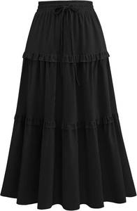 lot 5864 image: Wedtrend Womens Summer Midi Skirt Tiered Boho Skirts Flowy Skirt Casual Beach Long Skirts Black Medium