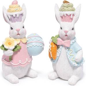 lot 5911 image: Hodao Easter Bunny Figurines Set of 2 Decor, Spring Decorative Rabbit Couple with Colorful Cake, and Easter Eggs Tabletop Home Decoration for Living Room, Entryway