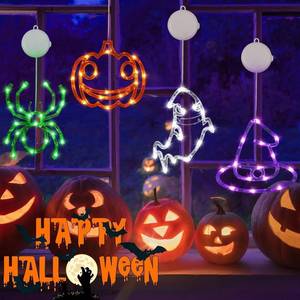 lot 5975 image: 4 Pack Halloween Decorations, Orange Pumpkin, White Ghost, Purple Witch Hat, Green Spider Lights, Battery Operated Halloween Window Lights with Suction Cup and Timer for Decor