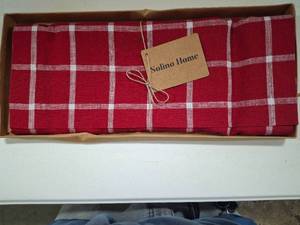 lot 5976 image: Solino Home Linen Table Runner 36 Inches - 100% Pure Linen Multicolor&nbsp Plaid Table Runner 14 x 36. Checkered Table Runner Ideal for Dresser and Coffee Tables - RED