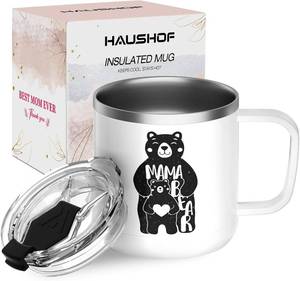 lot 5981 image: HAUSHOF Insulated Coffee Mug with Lid, 14 oz with Handle for Best Mom, Birthday Christmas Gifts, White Bear