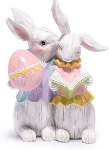 lot 5992 image: Hodao Easter Bunny Couple Figurine, Romantic Rabbits with Colorful Eggs & Book, Wood Carved Easter Decor, Spring Tabletop Decoration, Sweet Easter Gift for Couples, Family & Home