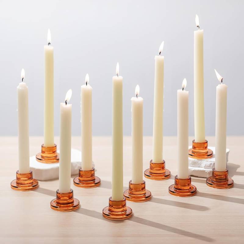 lot 1466 image: Glasseam Glass Taper Candle Holders 10Pcs Small Tapered Candlestick Holders Bulk Short Amber Short Candle Sticks Holder Decor for Table Centerpiece Vintage Thanksgiving Christmas Fall Dinner Party