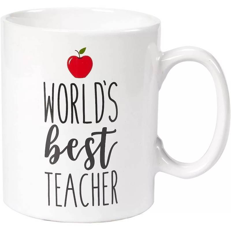 lot 1657 image: Large Ceramic Worlds Best Teacher Coffee Mug With Red Apple, 16-ounce Tea Cup