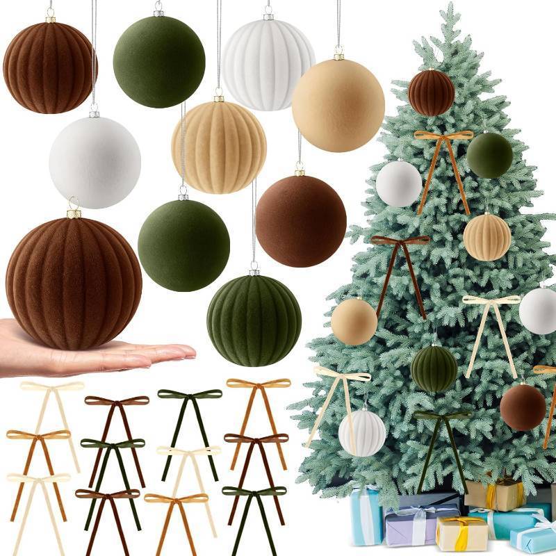 lot 525 image: 12 Pcs 4 Inch Large Velvet Christmas Balls with 24 Pcs 5.9 x 8.7 Inch Velvet Xmas Tree Bows Christmas Flocked Ornaments Set Hanging Decors for Tree Garland Holiday Party Decors(Neutral)