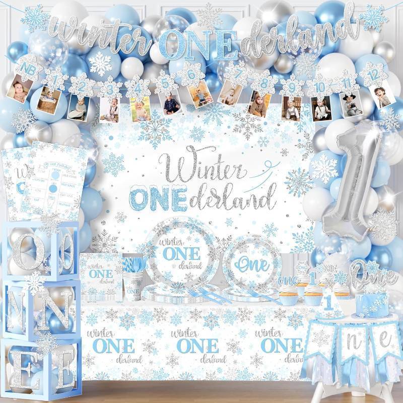 lot 529 image: Winter Onederland 1st Birthday for Boy,Snowflake Party Decoration Include Plate,Napkin,Tablecloth,Banner,Balloon Arch First Birthday Decorations for Winter Onederland Snowflake Baby Boy Blue