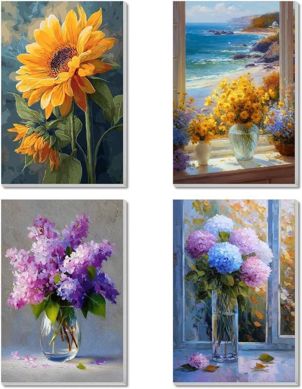 lot 1827 image: obterie 4 Pack Framed Paint by Numbers Kit for Adults Beginner Canvas Painting by Numbers for Adults Flowers Easy Adult Paint by Number Kits with Frame Floral Watercolor Painting by Number 8x12 Inch