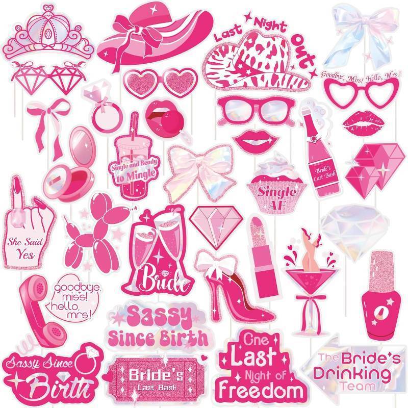 lot 1901 image: SUNBEAUTY 36 Pcs Bachelorette Photo Booth Props Pink Girls Birthday Decorations Photo Props for Wedding Bridal Shower Bachelorette Party Supplies