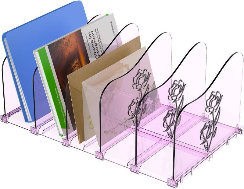lot 11648 image: Adjustable Rose File Organizer for Desk, Vertical File Folder Holders for Magazines, Upright Desktop Binder Organizer, Clear Paper Bookshelf Divider File Sorter for School Office Supplies