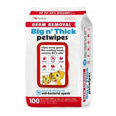 lot 11664 image: Petkin Big N Thick Extra Large Germ Removal Wipes for Cats & Dogs.