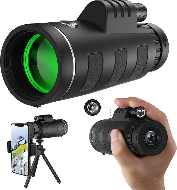 lot 2232 image: 40x60 High Definition Monocular Telescope with Smartphone Adapter, BAK4 Prism FMC Monocular with Clear Low Light Vision for Wildlife Hunting Camping Travelling LD006-00A-PDQ-1