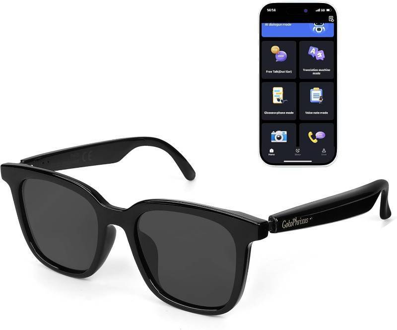 lot 2281 image: AI Translation Sunglasses, Real-Time Voice & Text Translator, Open-Ear Audio, UV400 Polarized Smart Glasses (A, Black)