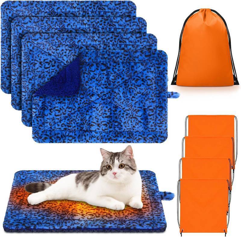 lot 2438 image: Riakrum 4 Pack Self Warming Cat Bed Mats Leopard Print Cat Dog Thermal Blanket Double Sided Self Heating Pet Pad with Storage Bags for Pet Winter Outdoor Indoor Supplies, Non Electric(M)