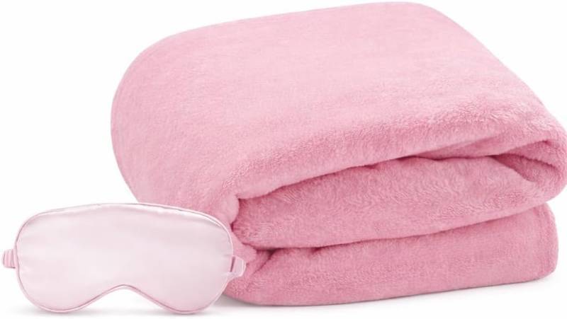 lot 1110 image: Travel Blanket, Airplane Blanket, Ultra-Soft, Warm & Lightweight, 65x40 in, Outdoor Blanket Essentials for Women, Men & Kids, Included Eye Mask, Luggage Sleeve & Backpack Clip Pink