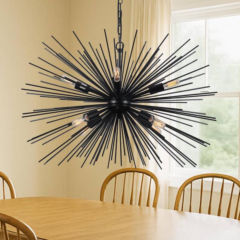 lot 2166 image: 29.13 Large Black Sputnik Chandelier Vintage Geometric Starburst Chandelier Light Modern Solid Metal Firework Chandeliers for Dining Room, Kitchen Island, Bedroom, Living Room - Retail $139.99