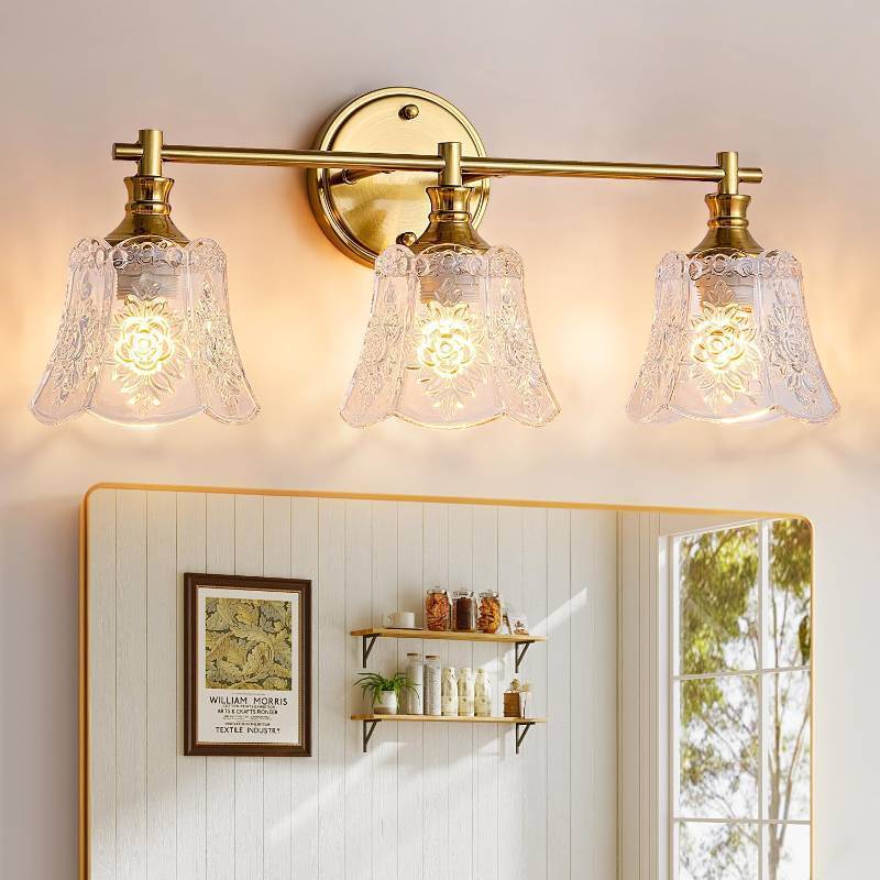 lot 2214 image: Gefolly Bathroom Light Fixtures, 3-Light Vanity Lights Over Mirror with Personalized Glass Shade, Wall Decor Lamp for Bedroom Hallway Living Room, Gold