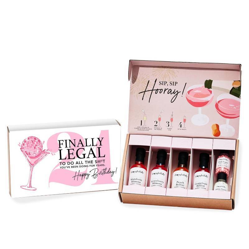 lot 2251 image: Thoughtfully, 21st Birthday Bubbly Cocktails Topper Gift Box, Includes Mandarin, Strawberry, Peach & Grapefruit Toppers with Pink & White Pearls, Fun Drink Mixer Sampler Gift Set