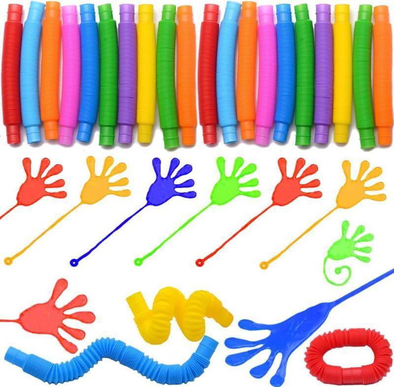 lot 2401 image: VKTEN 56PCS Party Favors for Kids, 28 Pop Tubes and 28 Sticky Hand Toys, Birthday Party Favors, Goodie Bag Stuffers, Classroom Prizes, Treasure Box Toys, Carnival Rewards for Boys and Girls