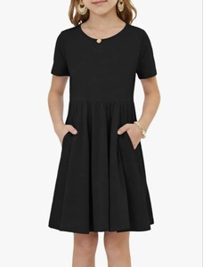 lot 5957 image: Girls Short Sleeve Summer Dress Kids Toddler Skater Twirl A Line T-Shirt Dress for School Casual Dress with Pockets SIZE 14Y