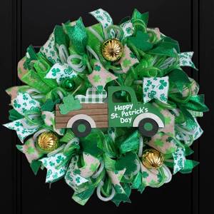 lot 5964 image: Bibelot St Patricks Day Wreaths for Front Door, Mesh Shamrock Clover Wreath with Gold Balls & Bow, Artificial St. Patricks Day Decor for Wall Holiday Party Home
