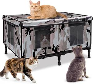 lot 5965 image: Outdoor Cat House - Weatherproof Outdoor Cat Shelter with 2 Doors & Rain Cover, Waterproof Cat House for Feral Cats & Stray Pets (32x22x18) - Unheated