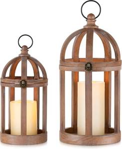 Farmhouse Lantern Decor Set of 2 - Indoor Rustic Wooden Lanterns Decorative Candle Holder for Table Centerpiece Fireplace Mantle, 13" & 10" Hanging Home Decor, Brown