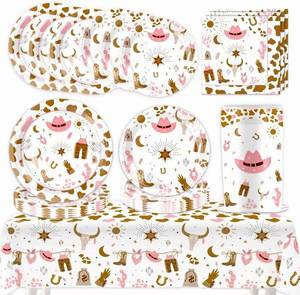 lot 6453 image: Western Cowgirl Party Supplies Complete Set - 71Pcs Cowgirl Theme Dinnerware Includes 9 & 7  Plates, Gift Bags, Napkins, Tablecloth for Pink Birthday Baby Shower Wild West Decorations