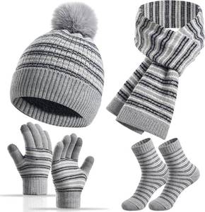 lot 6456 image: Kids Winter Hat Gloves Scarf Socks Set 4Pcs, Toddler Pom Beanie Warm Knit Scarf Fleece Mittens Socks for Girls Boys Aged 3-8, COLOR IS TAN