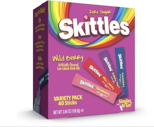 lot 6460 image: Skittles Singles To Go Wild Berry Variety Pack, Watertok Powdered Drink Mix, Zero Sugar, Low Calorie, Includes 4 Wild Berry Flavors, 1 Box (40 Single Servings)