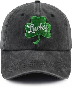 lot 6473 image: Lucky St Patricks Day Hat for Men Women, Adjustable Embroidered Green Leaf Irish Baseball Cap