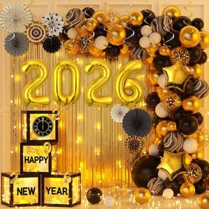 lot 6475 image: Happy New Year Party Decoration Balloons Kit Black and Gold 2026 Balloon New Years Boxes and 2026 Gold Foil Numbers Balloons for New Years Eve Party Supplies
