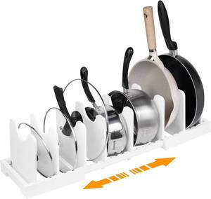 lot 6479 image: MinBoo Bamboo Expandable Pot Lid Organizer, Pot and Pan Organizer Drawer Organizer for Pot Lids, Adjustable Dividers for Kitchen Cabinet Organizers and Storage,White,Small