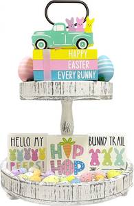 lot 6515 image: Sarybei Easter Bunny Tiered Tray Decor - 3 Double Sided Faux Book Stack 3 Wooden Bunny Signs 1 Peeps Truck - Farmhouse Rustic Easter Decorations for Home Office Table Desk Room