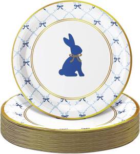 lot 6526 image: Qinyoung 50 Pcs Easter Bunny Disposable Plates 9 Inch Blue Rabbit Paper Plates Retro Gold Round Bunny and Bow Easter Dinnerware for Spring Baby Shower Birthday Party Table Supplies