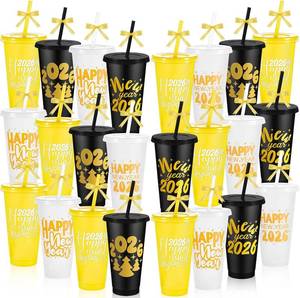 lot 6530 image: Yoiemivy 24 Pack Happy New Years Cups with Lids and Straws 2026 Reusable New Year Eve Gifts Cups Bulk 24 oz Holiday Plastic Drinking Tumblers for Nye Party Favors Supplies