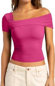 lot 6609 image: SUUKSESS Women One Off The Shoulder Summer Tank Tops Ruched Short Sleeve Shirts SIZE S