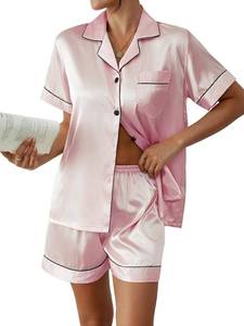 lot 6677 image: Womens Silk Satin Pajamas Set Short Sleeve Sleepwear Button Down Loungewear Pink Medium